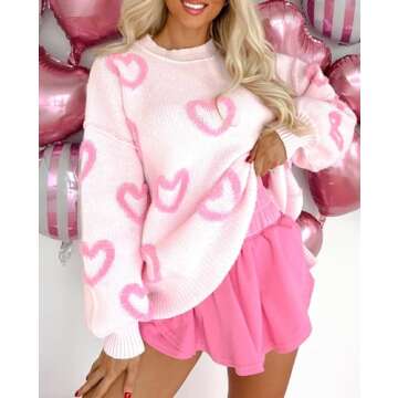 Women's Cute Heart Sweater Love Print Valentines Day Knitted Top Casual Crewneck Long Sleeve Sweater...