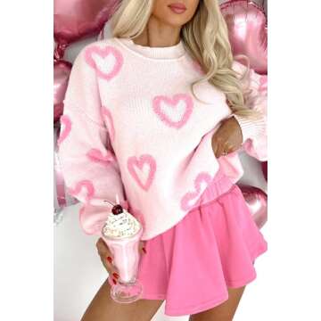 Women's Cute Heart Sweater Love Print Valentines Day Knitted Top Casual Crewneck Long Sleeve Sweaters Pullover (Adorable Pink, S)