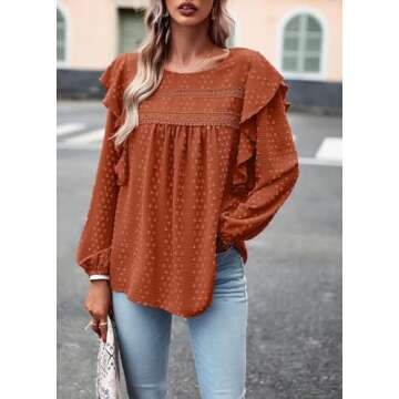 PRETTYGARDEN Women's Long Sleeve Blouses Ruffle Swiss Dot Crochet Loose Fit 2025 Spring Fall Tunic Dressy Casual Tops Brick Red XXL