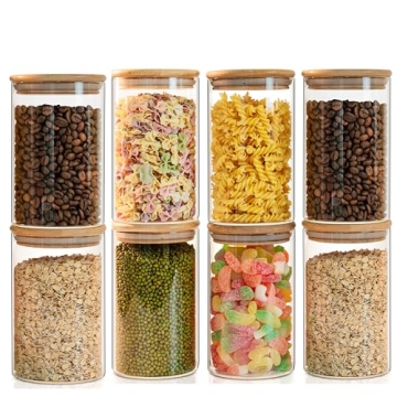 Elegant Glass Food Storage Jars Set of 8 with Airtight Bamboo Lids for Kitchen Organization