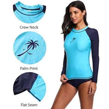 ATTRACO Womens Rashguard Swimsuit Rash Guard Swim Shirts Swim Rashguard,Large,Aqua Navy