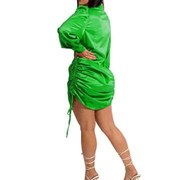 Women Ruched Button Down Shirt Dresses Sexy V Neck Long Sleeve Night Out Club Blouse Dress with Draw...
