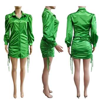 Women Ruched Button Down Shirt Dresses Sexy V Neck Long Sleeve Night Out Club Blouse Dress with Drawstring Green S