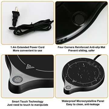 welltop Coffee Mug Warmer, Electric Beverage Warmer with Five Temperature Settings (Up to 212℉/100℃), Coffee Warmer Plate for Cocoa Tea Water Milk with Auto Shut Off, Office/Home Use, Blackk (No Mug)