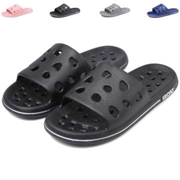FINLEOO Shower Shoes Men, Shower Sandal Slippers with Drainage Holes Quick Drying Bathroom Slippers Gym Slippers Soft Sole Open Toe House Slippers for Men and Women,14black,40.41