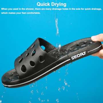 FINLEOO Shower Shoes Men, Shower Sandal Slippers with Drainage Holes Quick Drying Bathroom Slippers Gym Slippers Soft Sole Open Toe House Slippers for Men and Women,14black,40.41