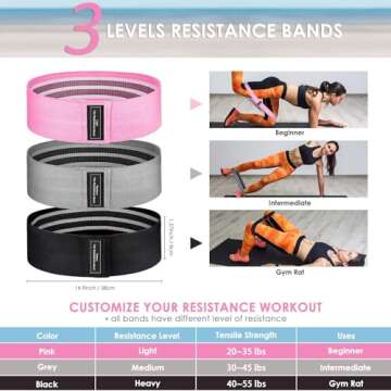 3 Levels Fabric Resistance Bands Set, Booty Bands for Working Out, Exercise Bands for Legs and Butt, Fitness Loop Bands for Women and Men, Non-Slip Stretch Bands (Black, Grey, Pink)