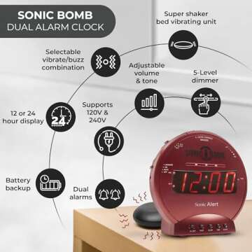 Sonic Alert Sonic Bomb Dual Alarm Clock with Bed Shaker, Red Vibrating Alarm Clock Heavy Sleepers, Battery Backup | Wake with a Shake