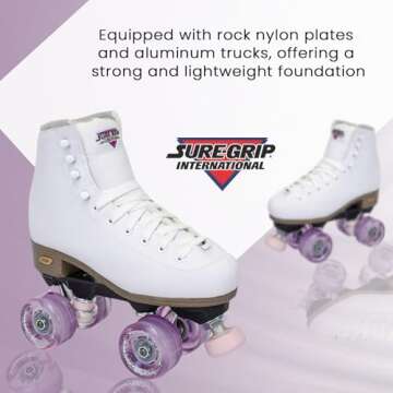 Sure-Grip Fame White Outdoor Unisex Roller Skates with Pink Motion Wheels - Vegan Boot with Microfiber Lining - Rock Nylon Plates & Aluminum Trucks - Matching Pink Cushions and Toe Stop
