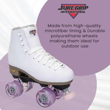 Sure-Grip Fame White Outdoor Unisex Roller Skates with Pink Motion Wheels - Vegan Boot with Microfiber Lining - Rock Nylon Plates & Aluminum Trucks - Matching Pink Cushions and Toe Stop
