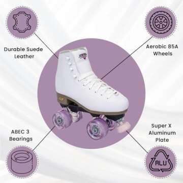 Sure-Grip Fame White Outdoor Unisex Roller Skates with Pink Motion Wheels - Vegan Boot with Microfiber Lining - Rock Nylon Plates & Aluminum Trucks - Matching Pink Cushions and Toe Stop