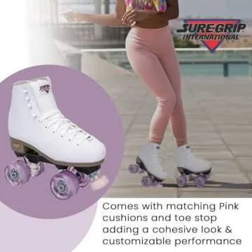 Sure-Grip Fame White Outdoor Unisex Roller Skates with Pink Motion Wheels - Vegan Boot with Microfiber Lining - Rock Nylon Plates & Aluminum Trucks - Matching Pink Cushions and Toe Stop
