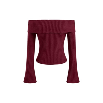 CIDER Off The Shoulder Tops for Womens Sexy Long Sleeve Going Out Tops Knit Cropped Top Trendy Slim Fit Red