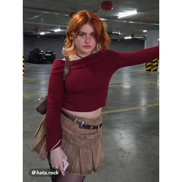 CIDER Off The Shoulder Tops for Womens Sexy Long Sleeve Going Out Tops Knit Cropped Top Trendy Slim Fit Red