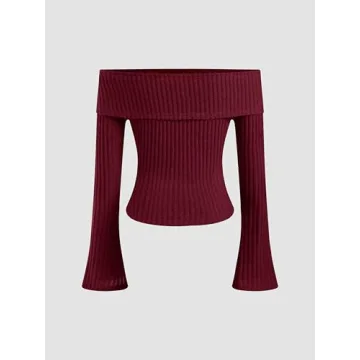 CIDER Off The Shoulder Tops for Womens Sexy Long Sleeve Going Out Tops Knit Cropped Top Trendy Slim Fit Red