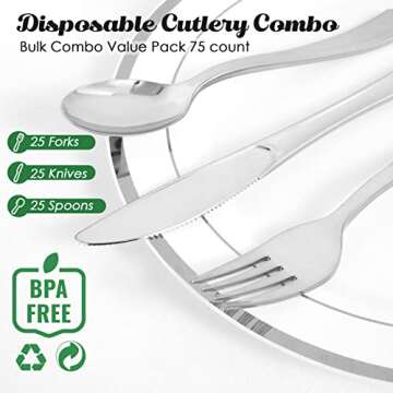 FOCUSLINE 75 Pack Silver Plastic Silverware Disposable Cutlery Set - 25 Forks Knives Spoons - Dispos...