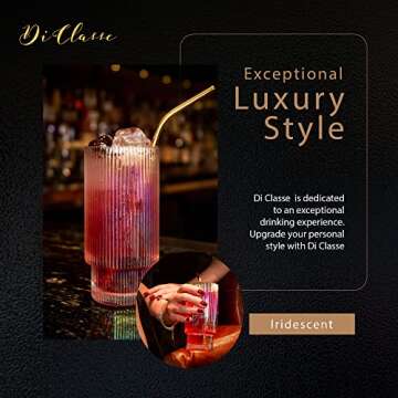 Di Classe Vintage Art Deco Ribbed Glassware Set of 4, Ripple Cocktail Glasses with Gold Rim, Iridesc...