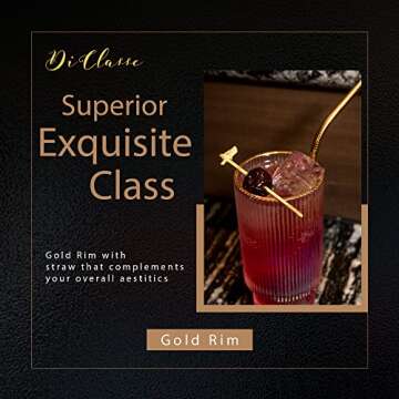 Di Classe Vintage Art Deco Ribbed Glassware Set of 4, Ripple Cocktail Glasses with Gold Rim, Iridescent, 4 Piece Origami Style Highball Glasses with Straws for Coffee Juice Beer, Drinkware Gift Set