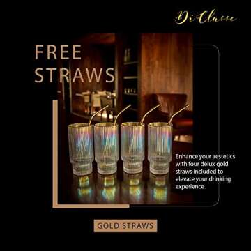 Di Classe Vintage Art Deco Ribbed Glassware Set of 4, Ripple Cocktail Glasses with Gold Rim, Iridescent, 4 Piece Origami Style Highball Glasses with Straws for Coffee Juice Beer, Drinkware Gift Set
