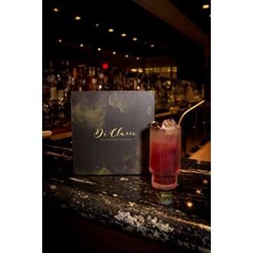 Di Classe Vintage Art Deco Ribbed Glassware Set of 4, Ripple Cocktail Glasses with Gold Rim, Iridescent, 4 Piece Origami Style Highball Glasses with Straws for Coffee Juice Beer, Drinkware Gift Set