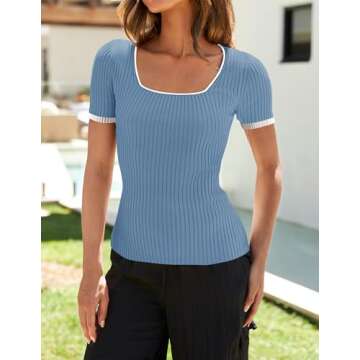 ZESICA Women's Short Sleeve Square Neck Color Block T Shirt for Summer 2025