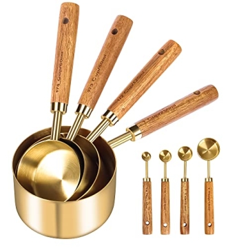 GuDoQi Gold Measuring Cups and Spoons Set of 8, Wood Handle with Metric and US Measurements, Premium...