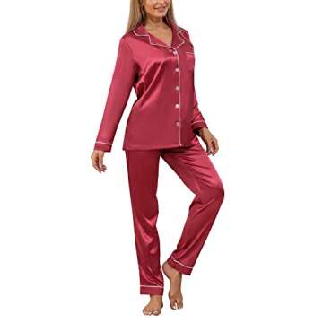 YIMANIE Womens Pajamas Silk Satin Pajama Sets for Women Soft Button Down Womens Loungewear Set with ...