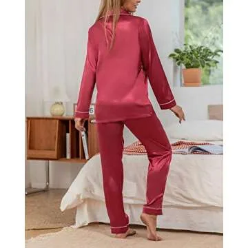 YIMANIE Womens Pajamas Silk Satin Pajama Sets for Women Soft Button Down Womens Loungewear Set with Pockets