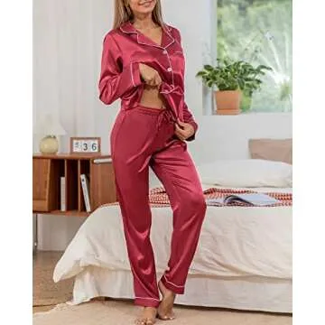 YIMANIE Womens Pajamas Silk Satin Pajama Sets for Women Soft Button Down Womens Loungewear Set with Pockets