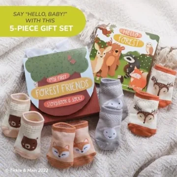 Tickle & Main Woodland Forest Friends Baby Book - 5-Piece Set for Infants 0-12 Months - Includes Storybook and 4 Pairs of Animal Socks - Forest Theme Baby Stuff