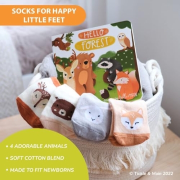 Tickle & Main Woodland Forest Friends Baby Book - 5-Piece Set for Infants 0-12 Months - Includes Storybook and 4 Pairs of Animal Socks - Forest Theme Baby Stuff