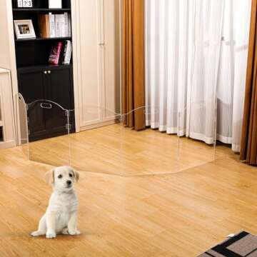 Dog Gate for The House, Clear Acrylic Pet Gate for Dogs, Freestanding Dog Gates for Doorways, Folding Free Standing Puppy Doggy Cat Fence for Inside, Dog Barriers for Home 6 Panel
