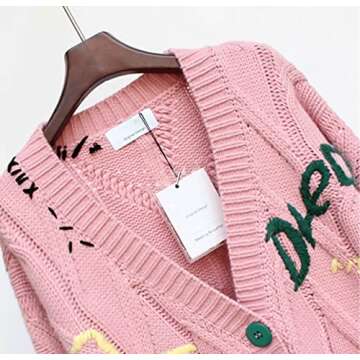 Youshentin Women's Autumn Winter Long Sleeve Embroidered Cardigan V-Neck Button Knitted Cardigan Mixed Cardigan Sweater Coat 1-Pink, One Size