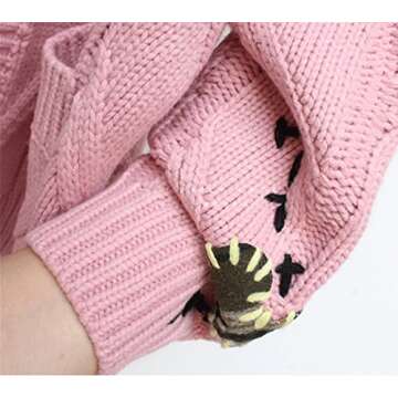 Youshentin Women's Autumn Winter Long Sleeve Embroidered Cardigan V-Neck Button Knitted Cardigan Mixed Cardigan Sweater Coat 1-Pink, One Size