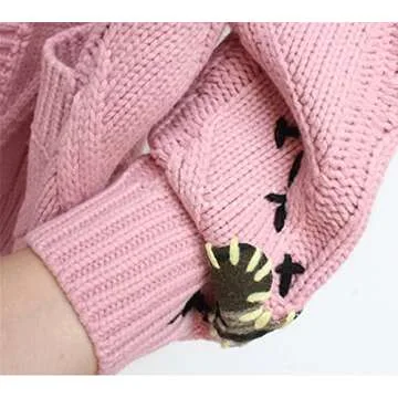 Youshentin Women's Autumn Winter Long Sleeve Embroidered Cardigan V-Neck Button Knitted Cardigan Mixed Cardigan Sweater Coat 1-Pink, One Size