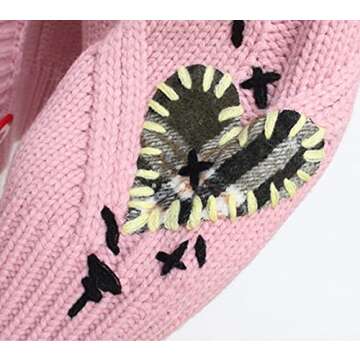 Youshentin Women's Autumn Winter Long Sleeve Embroidered Cardigan V-Neck Button Knitted Cardigan Mixed Cardigan Sweater Coat 1-Pink, One Size