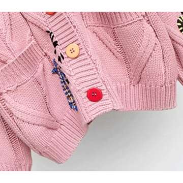 Youshentin Women's Autumn Winter Long Sleeve Embroidered Cardigan V-Neck Button Knitted Cardigan Mixed Cardigan Sweater Coat 1-Pink, One Size