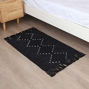 Zelaooo Boho Hand Woven Bathroom Rug Fringe Rug for Bedroom Cotton Woven Tassel Throw Rug Moroccan Accent Tribal Decorative Throw Floor Carpet,Exquisite Geometric Minimalist Style(2.0ftx3.0ft, Black)