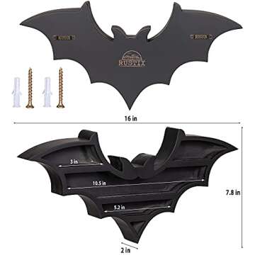 RUSTIX Black Vampire Bat Shelf - Crystal Holder for Spooky Horror Gothic Witchy Room Decor - Wall Mounted Hanging Floating Wooden Shelves for Goth Kitchen Bedroom or Bathroom