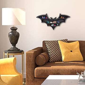 RUSTIX Black Vampire Bat Shelf - Crystal Holder for Spooky Horror Gothic Witchy Room Decor - Wall Mounted Hanging Floating Wooden Shelves for Goth Kitchen Bedroom or Bathroom