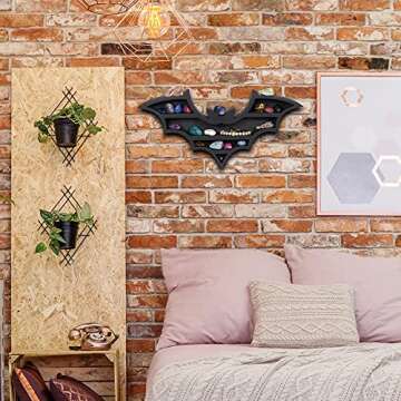 RUSTIX Black Vampire Bat Shelf - Crystal Holder for Spooky Horror Gothic Witchy Room Decor - Wall Mounted Hanging Floating Wooden Shelves for Goth Kitchen Bedroom or Bathroom