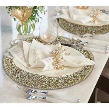 Decozen Round Placemats, Set of 2-14 Inches Charger Plates Beaded Table Mats for Valentines Day Decorations, Wedding, Kitchen, Office, Home Decor Heat Resistant Mat, Gold