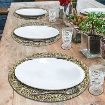 Decozen Round Placemats, Set of 2-14 Inches Charger Plates Beaded Table Mats for Valentines Day Decorations, Wedding, Kitchen, Office, Home Decor Heat Resistant Mat, Gold