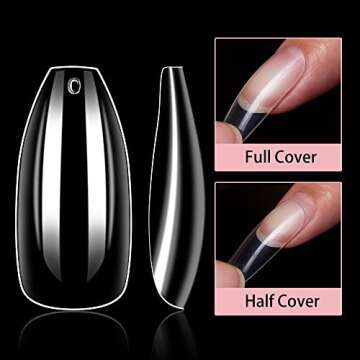 Makartt Nail Tips-Long Coffin Nails,Clear,500pcs 10 Sizes,Full Cover,Press on for Easy Extension Manicure, Fake Nails for Gel Polish Salon DIY Supplies