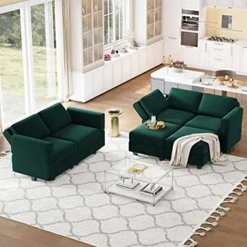 Belffin Modular Velvet Sectional Sofa with Chaise Lounge Sectional Sleeper Sofa with Storage Chaise Sofa Bed Couch for Living Room Green