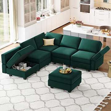 Belffin Modular Velvet Sectional Sofa with Chaise Lounge Sectional Sleeper Sofa with Storage Chaise Sofa Bed Couch for Living Room Green