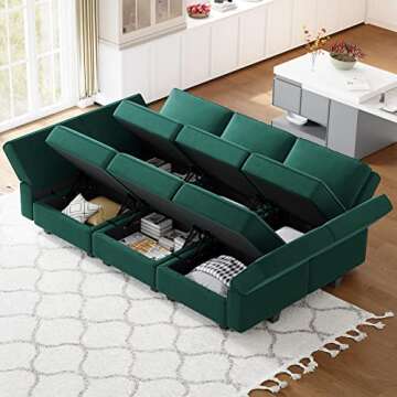 Belffin Modular Velvet Sectional Sofa with Chaise Lounge Sectional Sleeper Sofa with Storage Chaise Sofa Bed Couch for Living Room Green