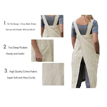 Women's Pinafore Square Apron Baking Cooking Gardening Works Cross Back Cotton/Linen Blend Dress with 2 Pockets Apricot-S