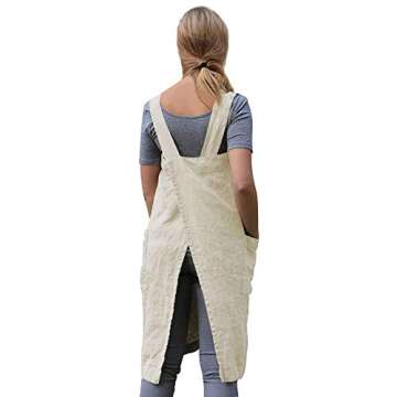 Women's Pinafore Square Apron Baking Cooking Gardening Works Cross Back Cotton/Linen Blend Dress with 2 Pockets Apricot-S