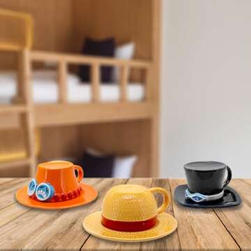 Eoilya Anime One Piece Coffee Mug Cup with Saucer Luffy Straw Hat Ceramic Tumbler Merchandise Gifts Sets for Adults Fan's Gift or Souvenir (Luffy)